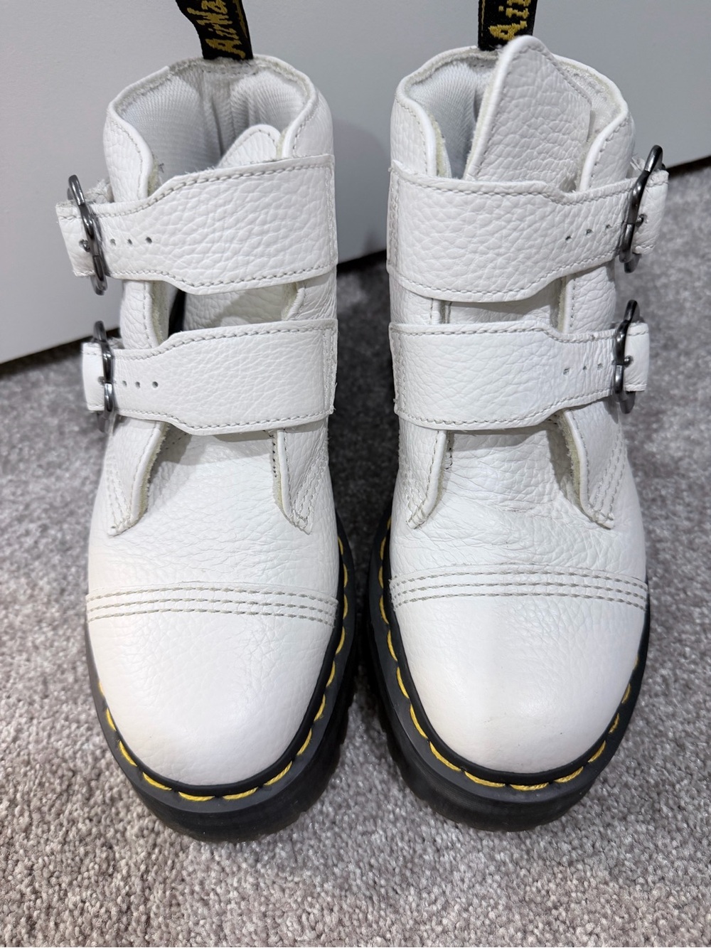 Dr. Martens White Leather Double-Buckle Platform Boots with Yellow Stitching